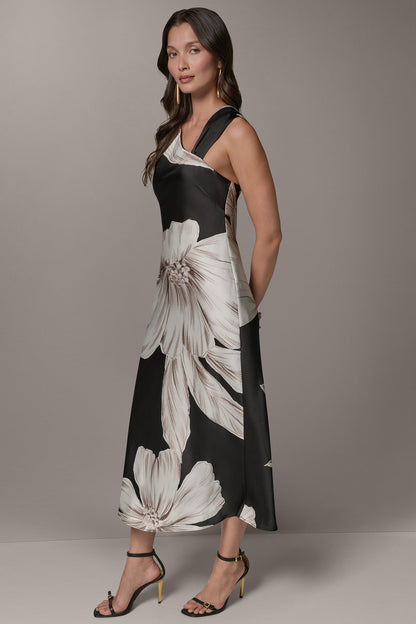 SLEEVELESS ASYMMETRIC MIDI HALTER DRESS - Black Multi