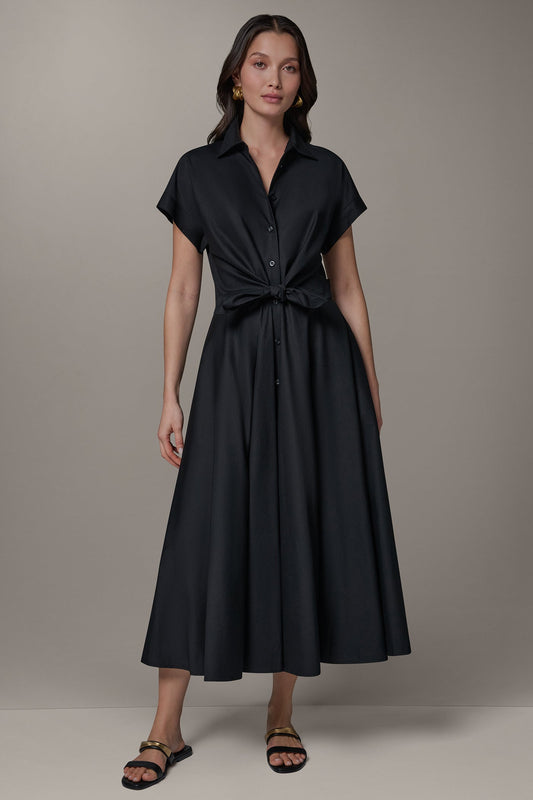 SHORT SLEEVE TIE FRONT MAXI SHIRT DRESS - Black