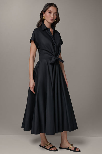 SHORT SLEEVE TIE FRONT MAXI SHIRT DRESS - Black