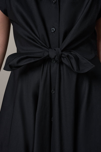 SHORT SLEEVE TIE FRONT MAXI SHIRT DRESS - Black