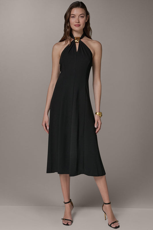 SLEEVELESS MIDI A-LINE HALTER DRESS - Black