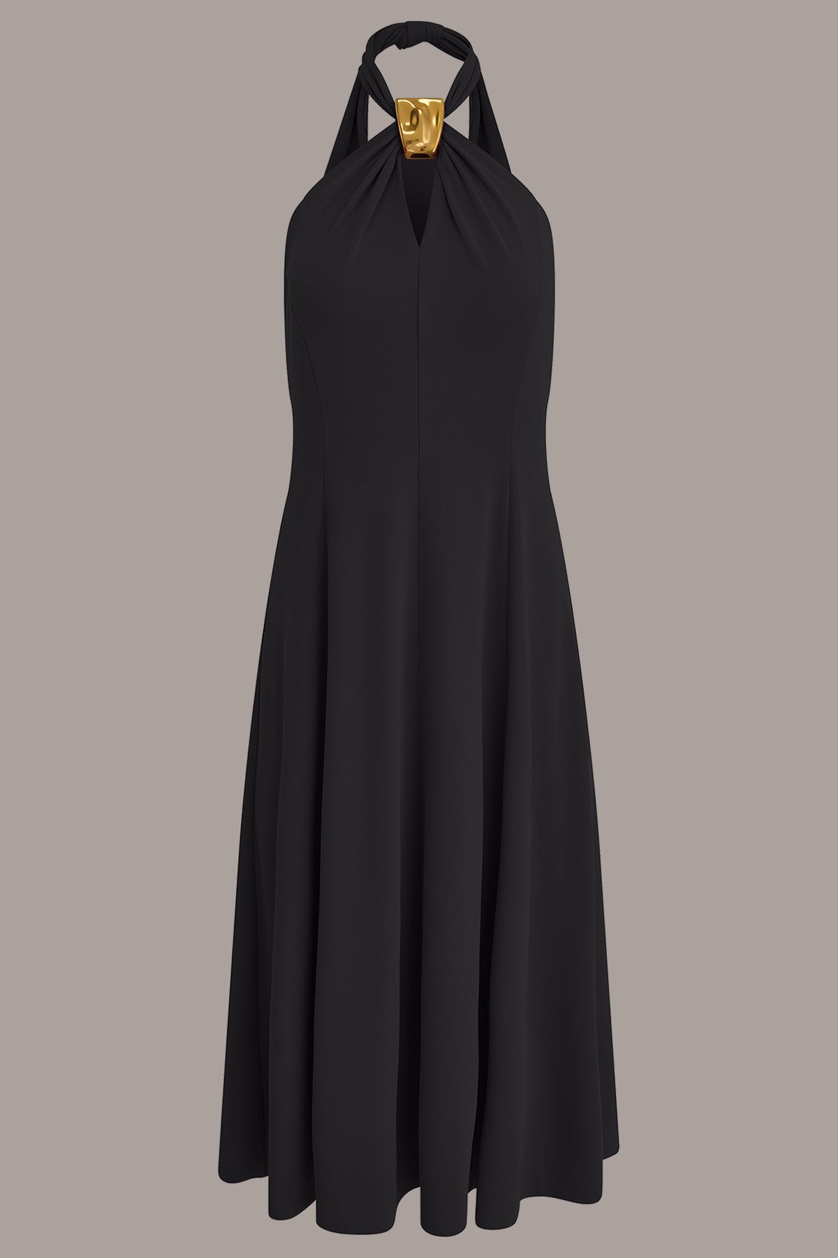 SLEEVELESS MIDI A-LINE HALTER DRESS - Black
