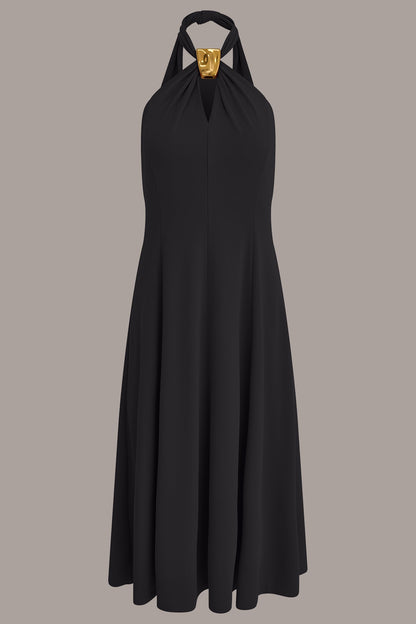 SLEEVELESS MIDI A-LINE HALTER DRESS - Black