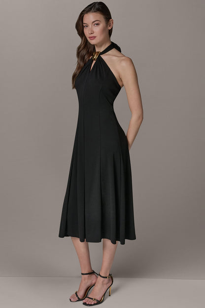 SLEEVELESS MIDI A-LINE HALTER DRESS - Black
