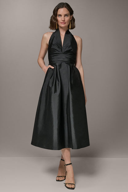 SLEEVELESS V-NECK TAFFETA MIDI COCKTAIL DRESS - Black