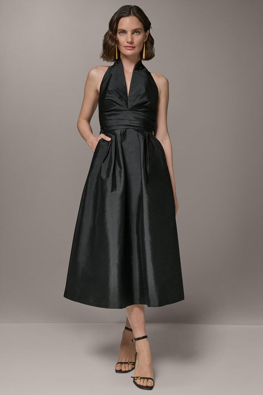 SLEEVELESS V-NECK TAFFETA MIDI COCKTAIL DRESS - Black