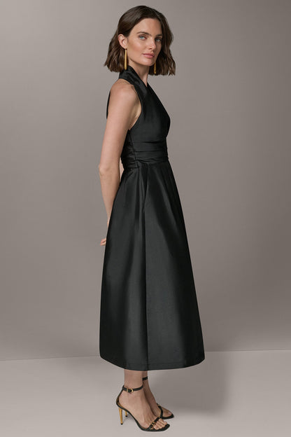 SLEEVELESS V-NECK TAFFETA MIDI COCKTAIL DRESS - Black