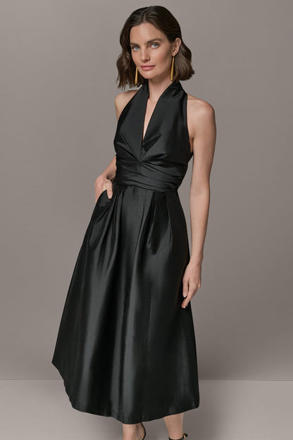 SLEEVELESS V-NECK TAFFETA MIDI COCKTAIL DRESS - Black