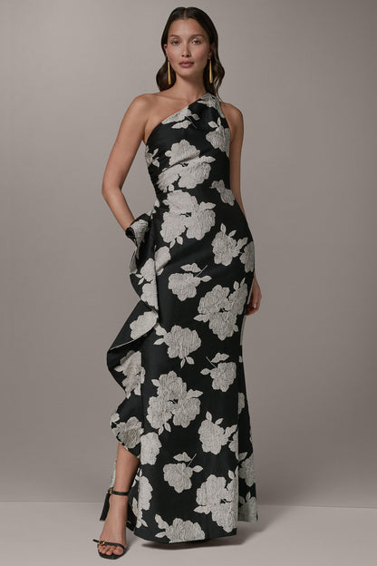 ONE SHOULDER FLORAL SIDE RUFFLE GOWN - Black Cream