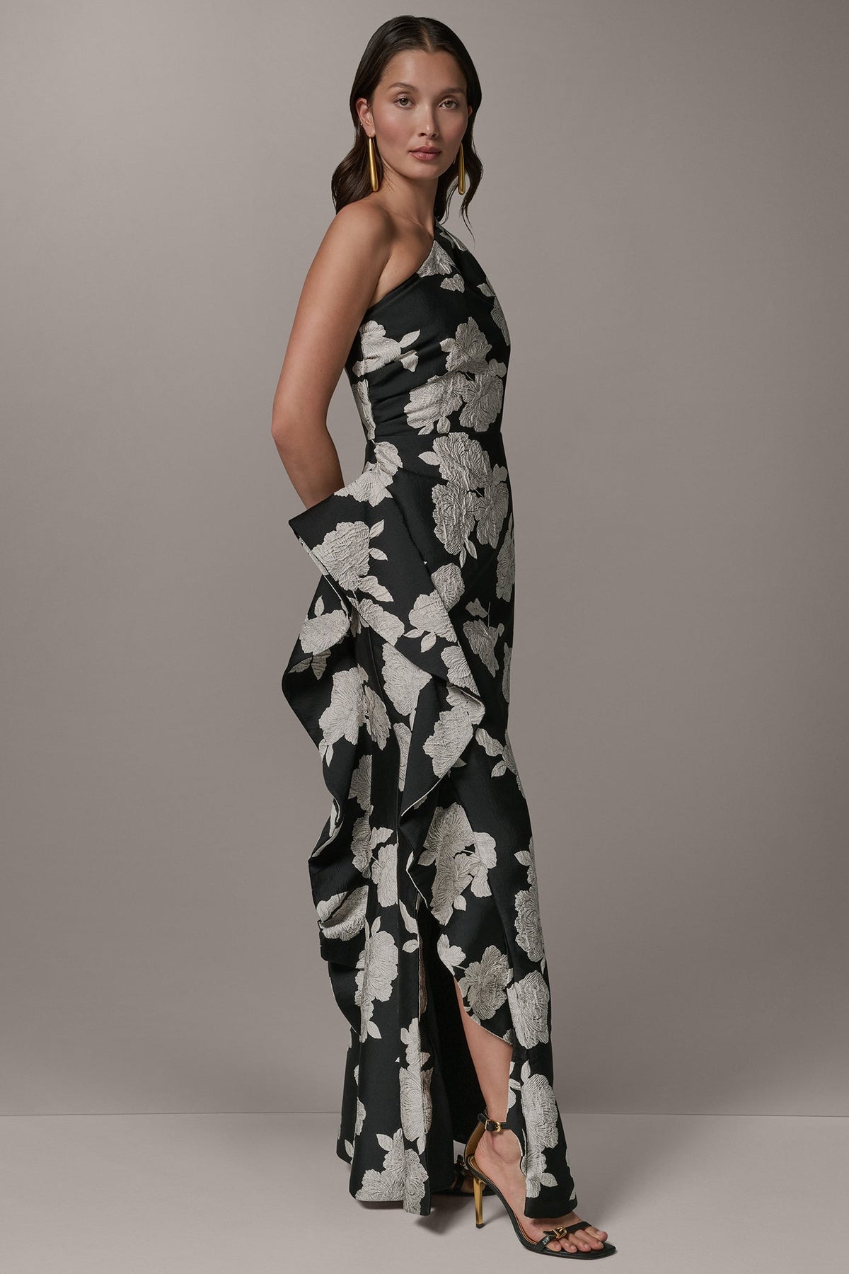ONE SHOULDER FLORAL SIDE RUFFLE GOWN - Black Cream
