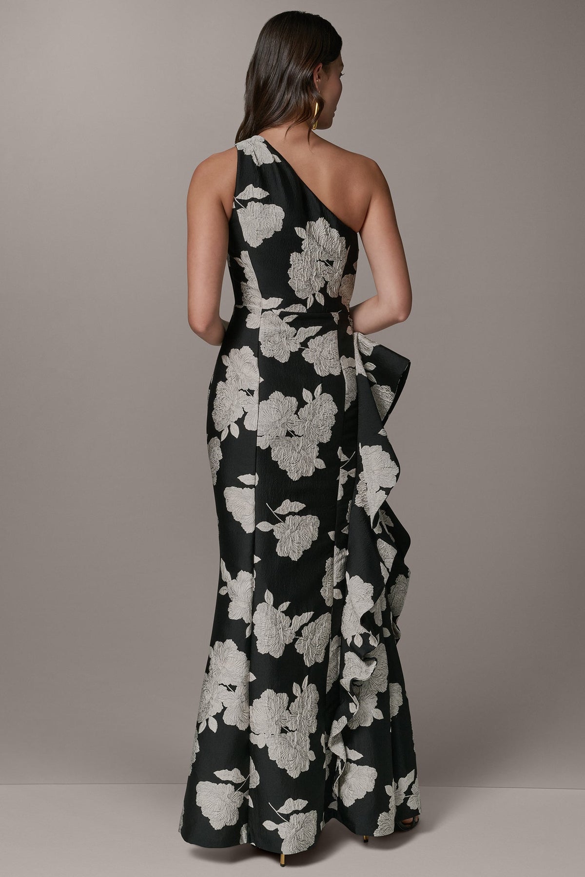 ONE SHOULDER FLORAL SIDE RUFFLE GOWN - Black Cream