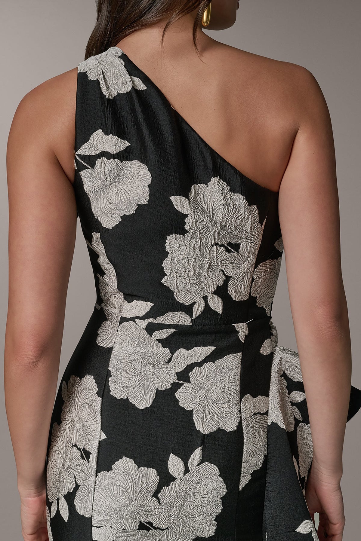 ONE SHOULDER FLORAL SIDE RUFFLE GOWN - Black Cream