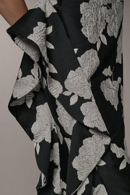 ONE SHOULDER FLORAL SIDE RUFFLE GOWN - Black Cream