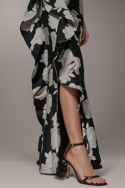 ONE SHOULDER FLORAL SIDE RUFFLE GOWN - Black Cream