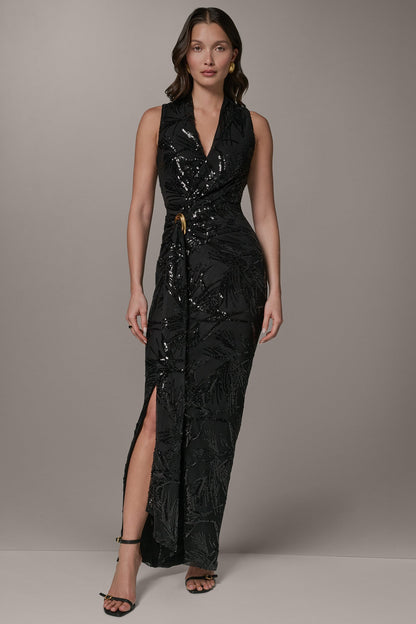 SLEEVELESS WRAP-EFFECT SEQUIN GOWN - Black