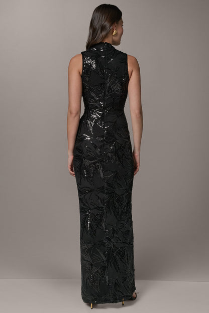SLEEVELESS WRAP-EFFECT SEQUIN GOWN - Black