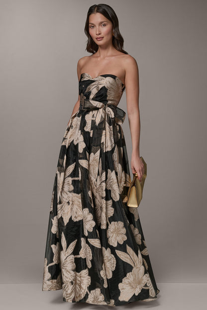 STRAPLESS SWEETHEART METALLIC FLORAL BALL GOWN - Black/Light Canvas Multi