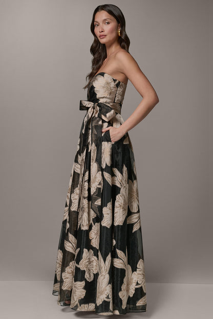 STRAPLESS SWEETHEART METALLIC FLORAL BALL GOWN - Black/Light Canvas Multi
