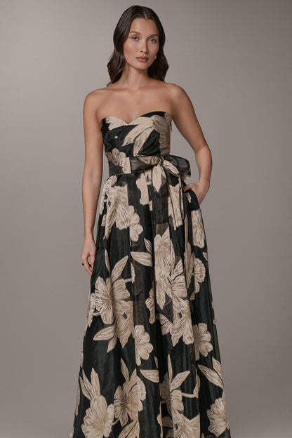 STRAPLESS SWEETHEART METALLIC FLORAL BALL GOWN - Black/Light Canvas Multi