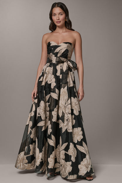 STRAPLESS SWEETHEART METALLIC FLORAL BALL GOWN - Black/Light Canvas Multi