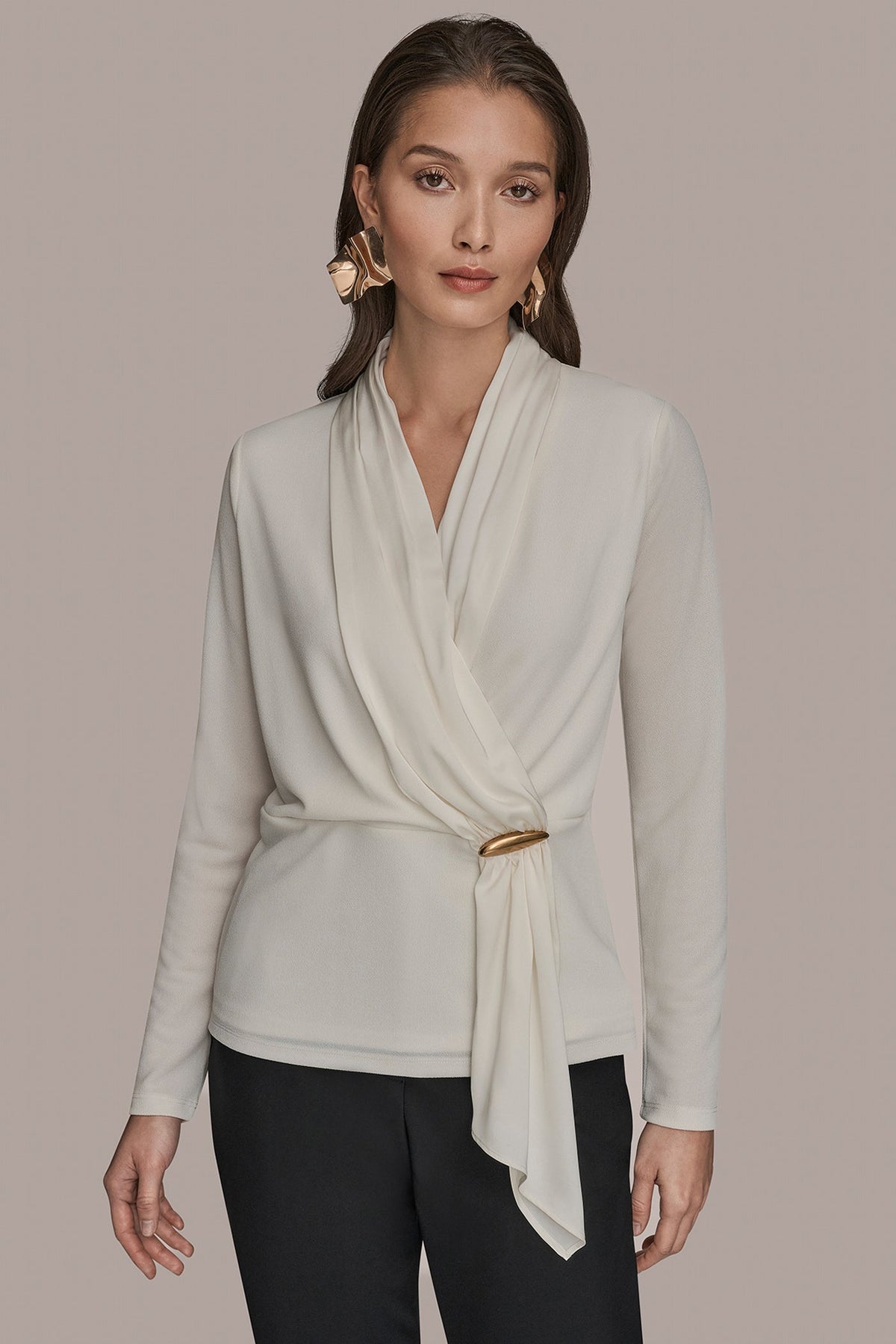 LONG SLEEVE SHAWL-NECK SATIN BLOUSE - CREAM