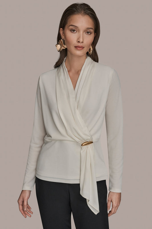 LONG SLEEVE SHAWL-NECK SATIN BLOUSE - CREAM