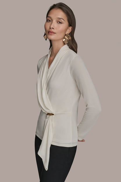 LONG SLEEVE SHAWL-NECK SATIN BLOUSE - CREAM