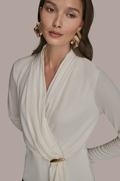 LONG SLEEVE SHAWL-NECK SATIN BLOUSE - CREAM