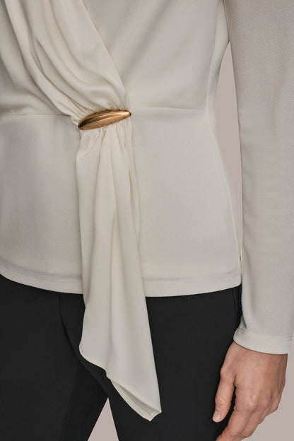 LONG SLEEVE SHAWL-NECK SATIN BLOUSE - CREAM