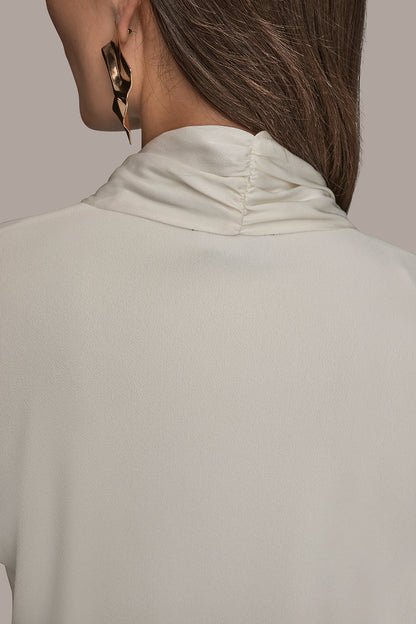 LONG SLEEVE SHAWL-NECK SATIN BLOUSE - CREAM