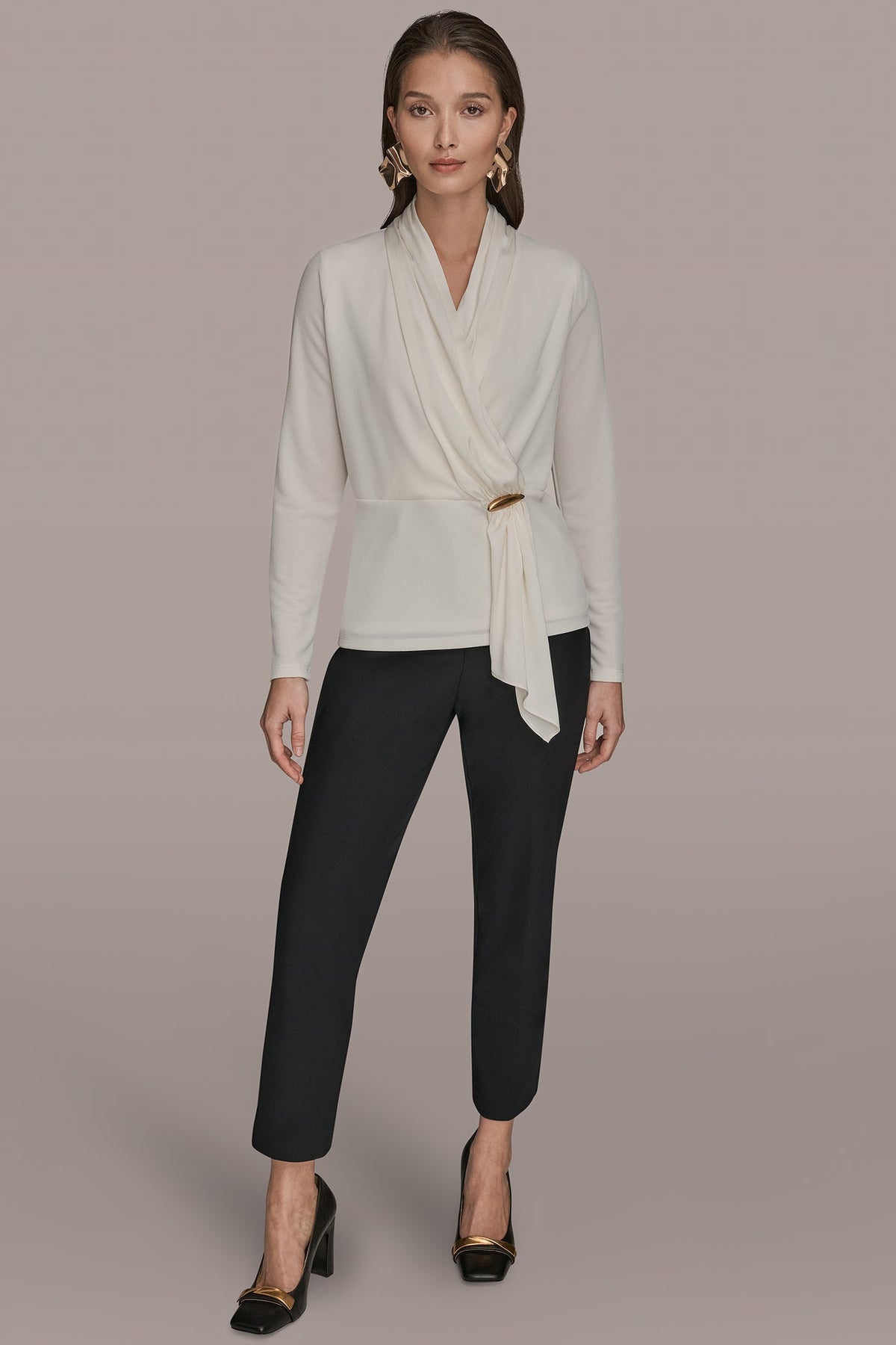 LONG SLEEVE SHAWL-NECK SATIN BLOUSE - CREAM