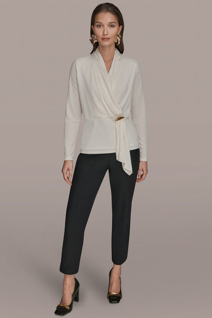 LONG SLEEVE SHAWL-NECK SATIN BLOUSE - CREAM