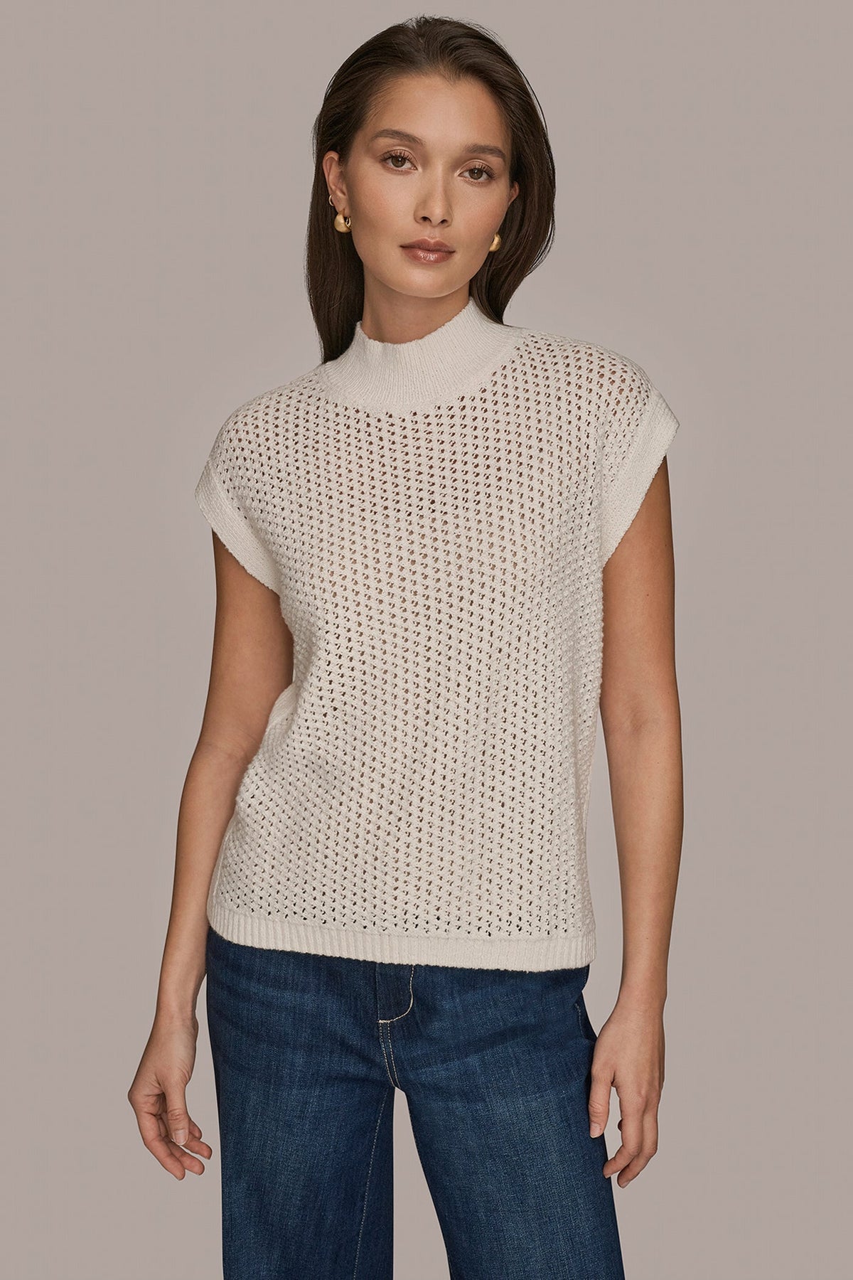 SLEEVELESS MOCK-NECK OPEN STITCH SWEATER - CREAM