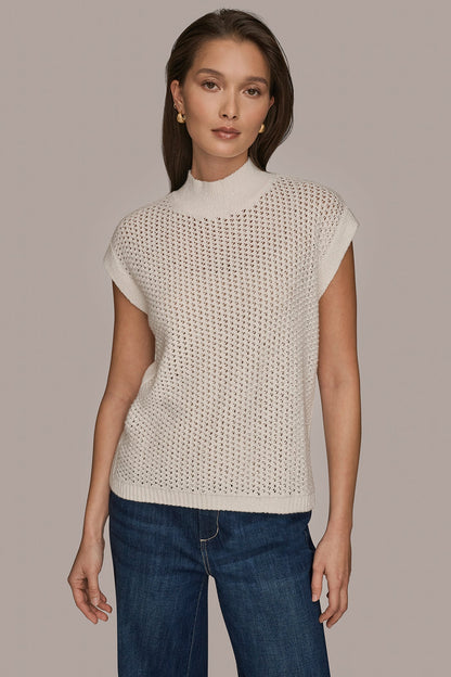 SLEEVELESS MOCK-NECK OPEN STITCH SWEATER - CREAM