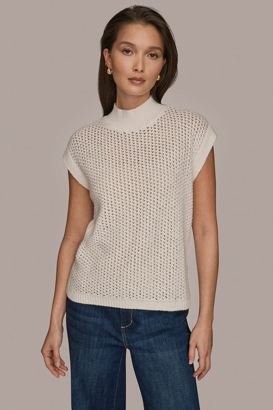 SLEEVELESS MOCK-NECK OPEN STITCH SWEATER - CREAM