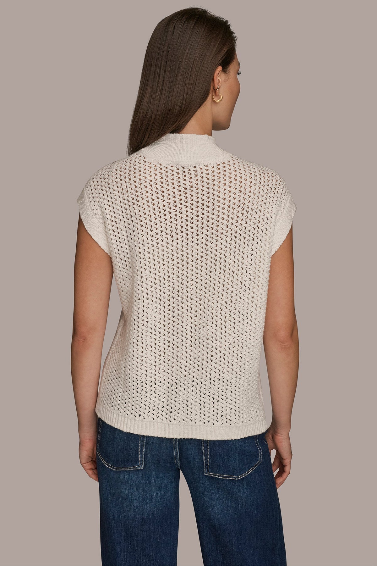 SLEEVELESS MOCK-NECK OPEN STITCH SWEATER - CREAM