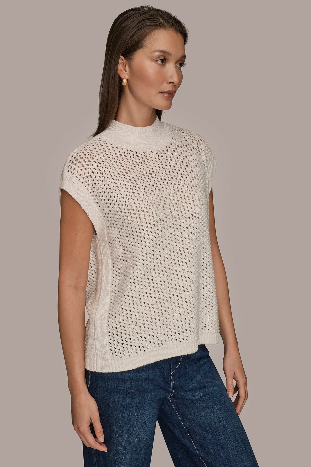 SLEEVELESS MOCK-NECK OPEN STITCH SWEATER - CREAM