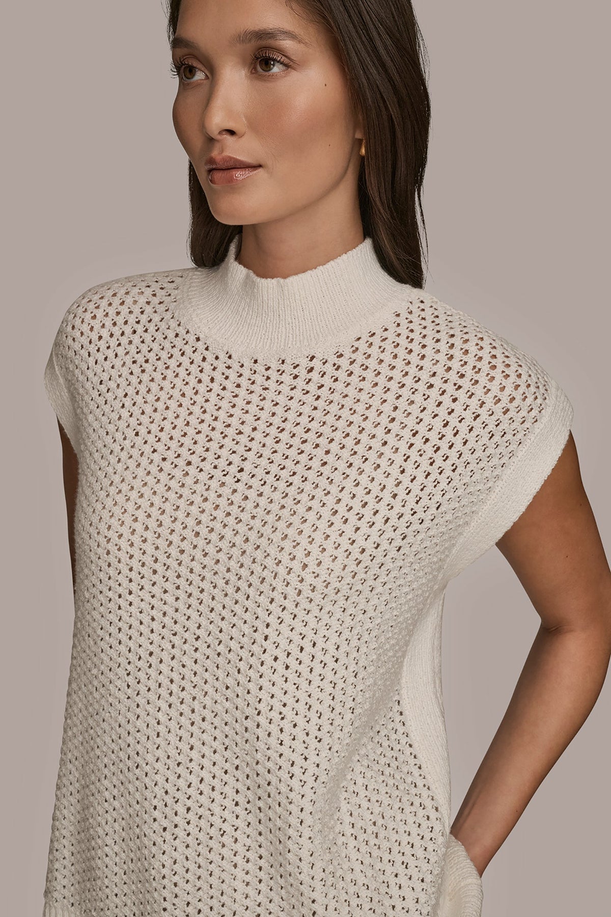 SLEEVELESS MOCK-NECK OPEN STITCH SWEATER - CREAM