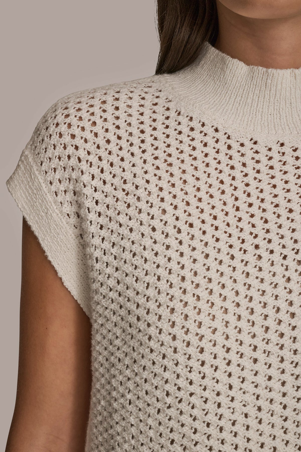 SLEEVELESS MOCK-NECK OPEN STITCH SWEATER - CREAM