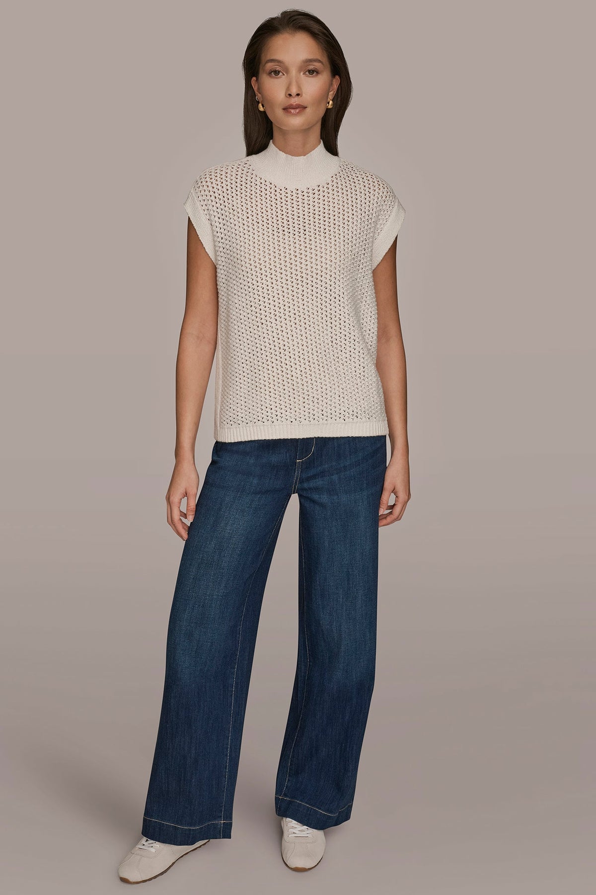 SLEEVELESS MOCK-NECK OPEN STITCH SWEATER - CREAM