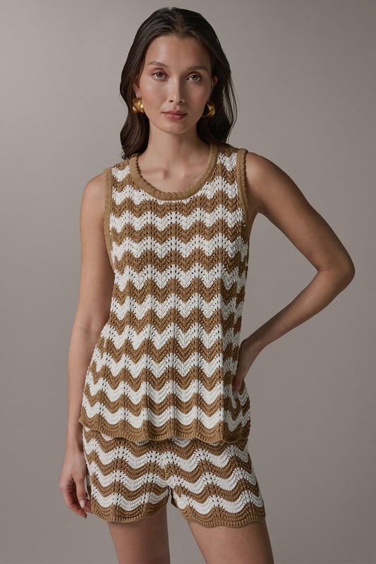 SLEEVELESS POINTELLE STRIPE SWEATER - Fawn/Cream