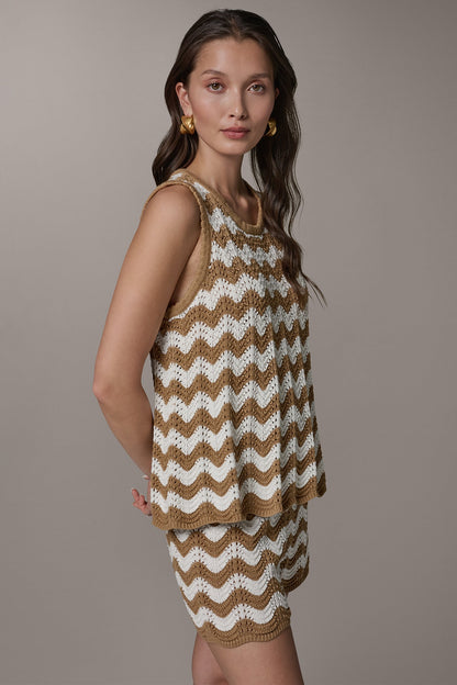 SLEEVELESS POINTELLE STRIPE SWEATER - Fawn/Cream