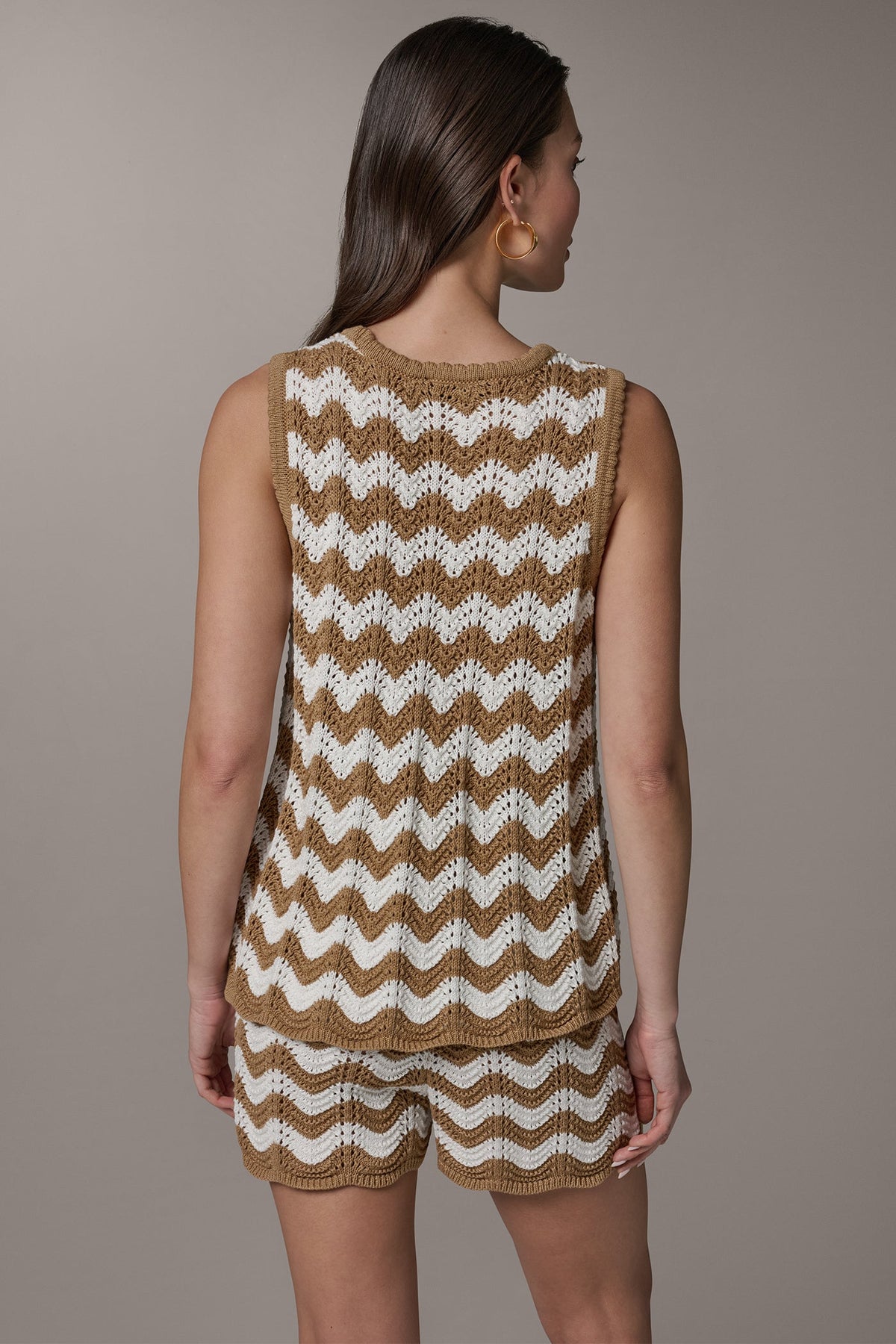 SLEEVELESS POINTELLE STRIPE SWEATER - Fawn/Cream