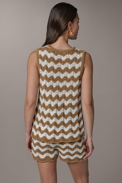 SLEEVELESS POINTELLE STRIPE SWEATER - Fawn/Cream