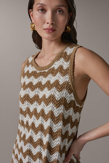 SLEEVELESS POINTELLE STRIPE SWEATER - Fawn/Cream