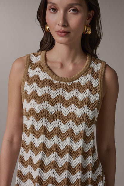 SLEEVELESS POINTELLE STRIPE SWEATER - Fawn/Cream