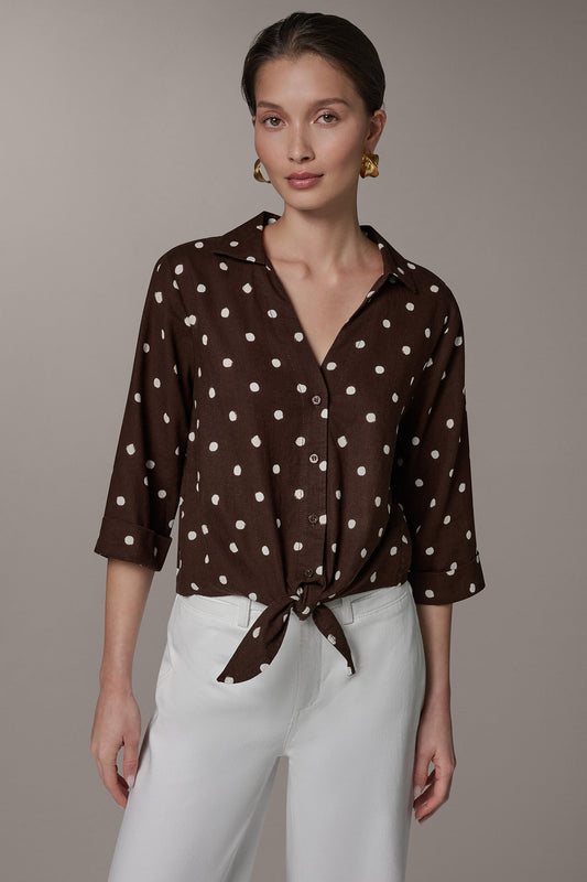 ELBOW SLEEVE POLKA DOT TIE FRONT BLOUSE - Canyon Distressed Dot