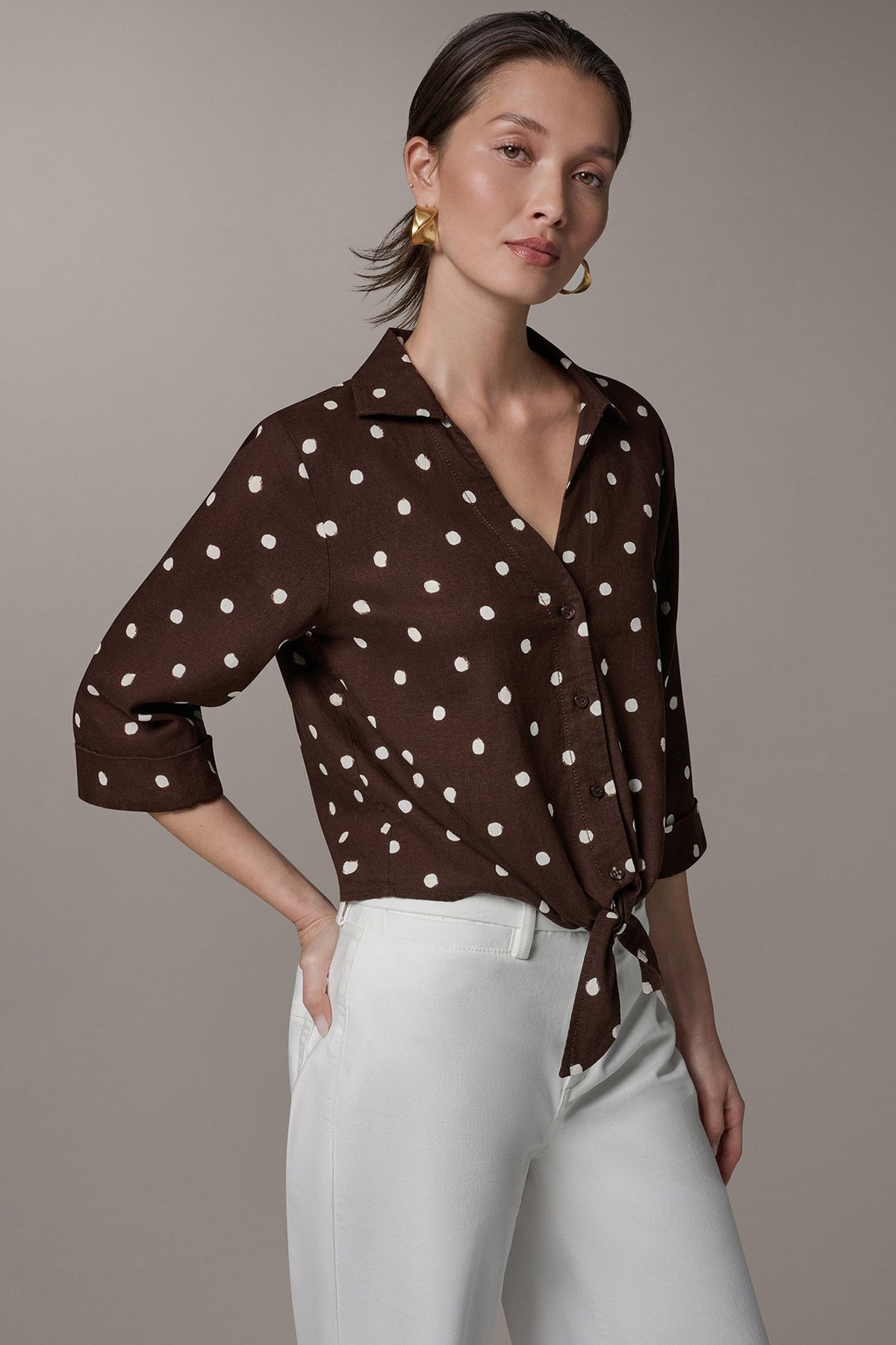ELBOW SLEEVE POLKA DOT TIE FRONT BLOUSE - Canyon Distressed Dot