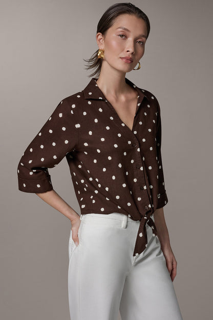 ELBOW SLEEVE POLKA DOT TIE FRONT BLOUSE - Canyon Distressed Dot