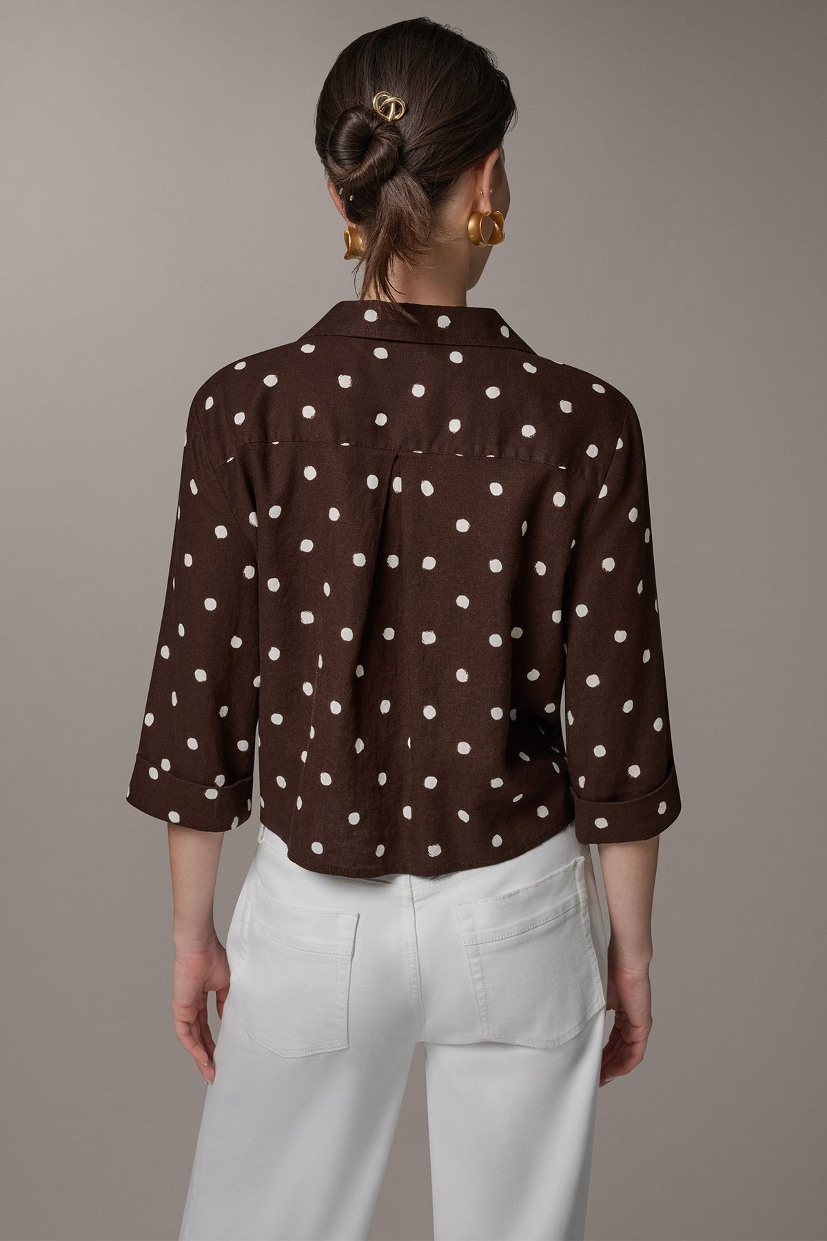 ELBOW SLEEVE POLKA DOT TIE FRONT BLOUSE - Canyon Distressed Dot